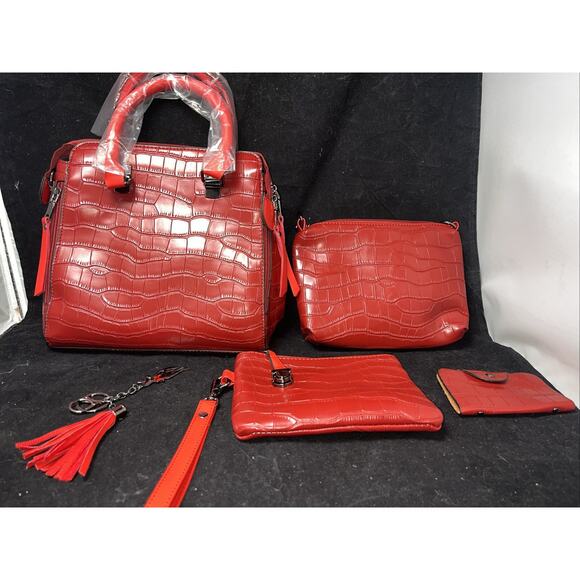 Leza Handbags - New Leza Red Satchel Bag 2 Smaller Purse Inside Zip Key Chain